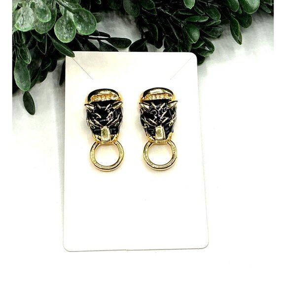 Vintage Gold Tone and Black Enamel Panther Head Earrings - Picture 7 of 10